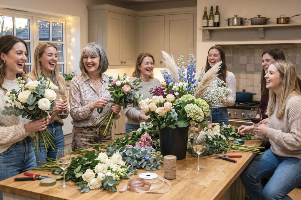 Fresh summer wedding flowers being prepped in clean buckets of water, demonstrating tips for DIY wedding flower care.